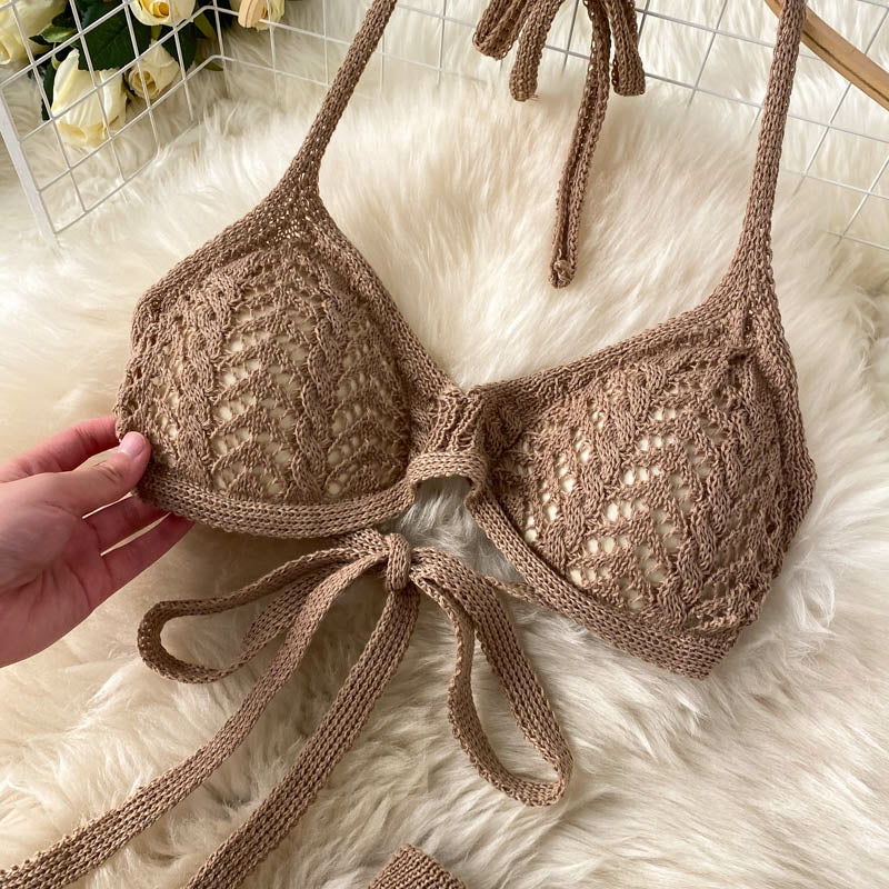 Crochet halter neck top with knitted pants set